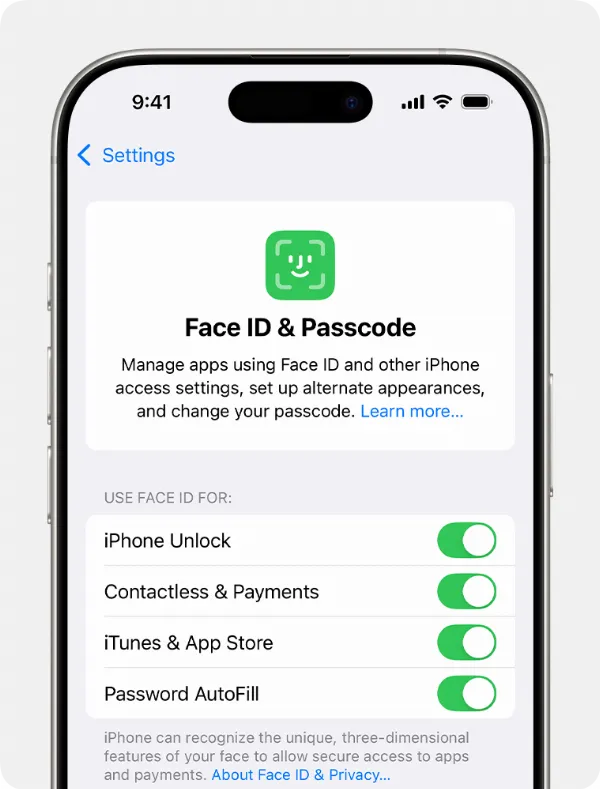 Cài đặt Face ID và Mật mã trên iPhone.