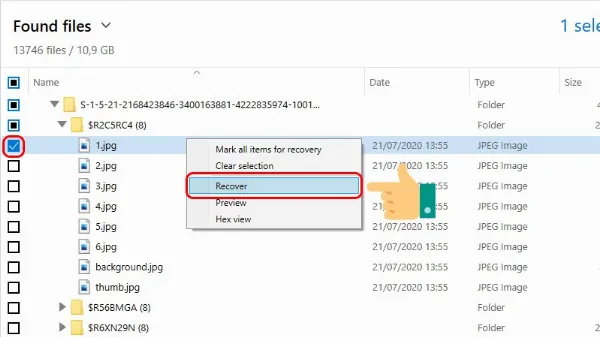 Chọn file và khôi phục