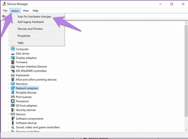 Chọn Scan for hardware changes