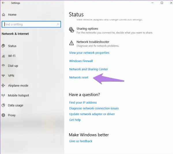 Click vào Network reset
