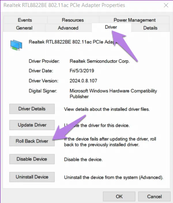 Click vào Roll Back Driver