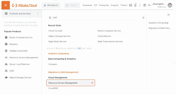 Giao diện quản lý RAM trên Alibaba Cloud