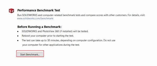 Giao diện SOLIDWORKS Performance Test với nút Start Benchmarking