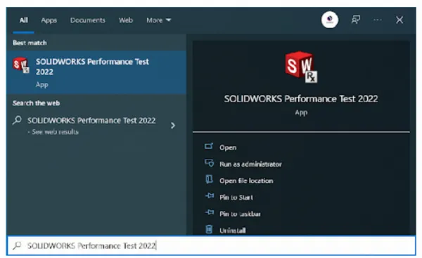 Khởi động SOLIDWORKS Performance Test để kiểm tra hiệu suất