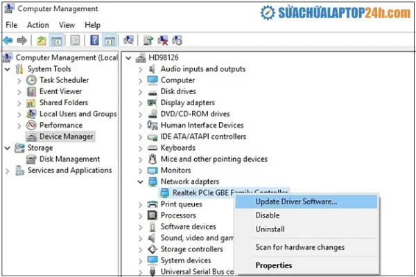Laptop không nhận mạng dây do driver
