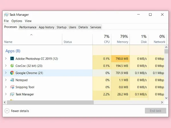 Mở Task Manager chi tiết