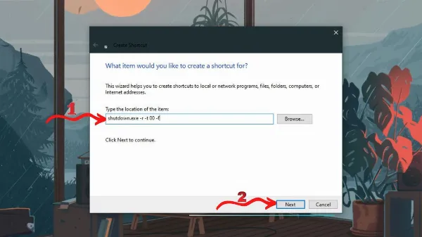 Nhập lệnh cho shortcut