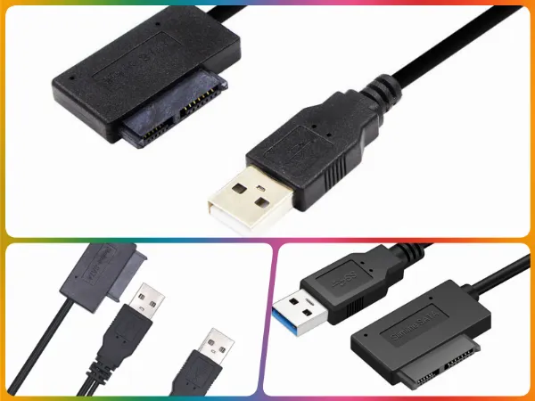 Ổ đĩa quang laptop được kết nối với cáp chuyển đổi USB