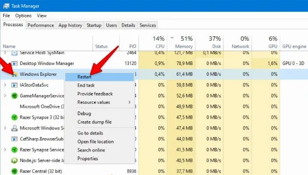 Restart laptop bằng Task Manager