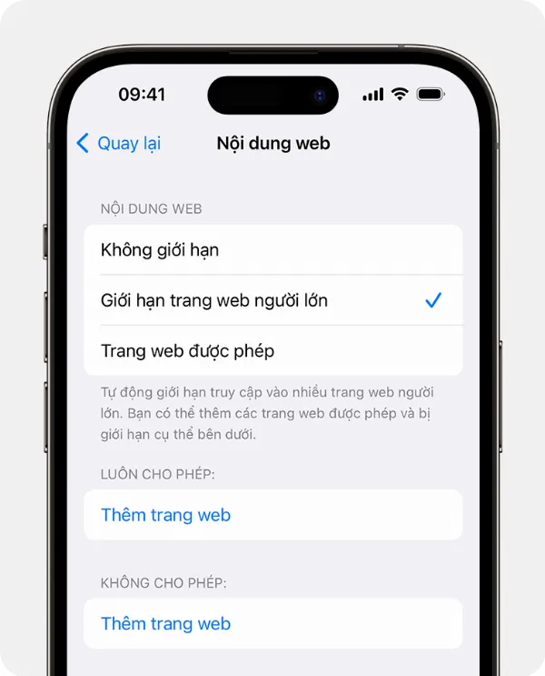 Tùy chọn Nội dung web trong cài đặt Kiểm soát của phụ huynh trên iPhone