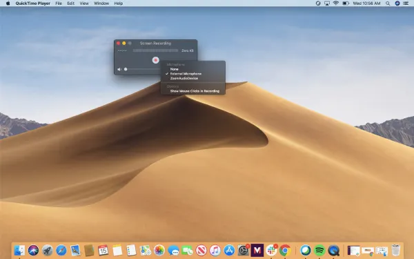 alt bằng tiếng Việt: Cửa sổ Screen Recording trong QuickTime Player, hiển thị các tùy chọn quay màn hình