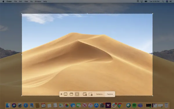 alt bằng tiếng Việt: Giao diện thanh công cụ Screenshot trên macOS Mojave và Catalina, hiển thị các tùy chọn chụp ảnh và quay video màn hình