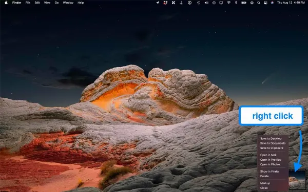   Các tùy chọn khi nhấp chuột phải vào hình thu nhỏ ảnh chụp màn hình Mac
