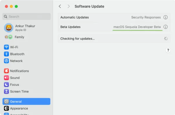 alt Chọn macOS Sequoia Developer Beta trong phần Beta Updates
