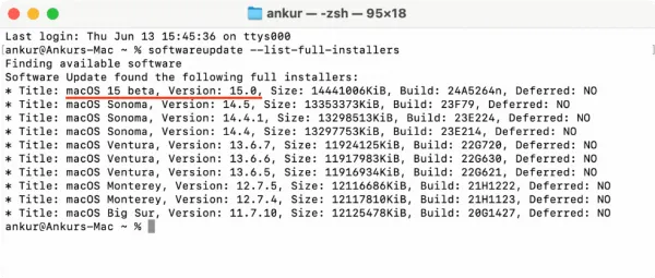 alt Danh sách các bộ cài đặt macOS trong Terminal