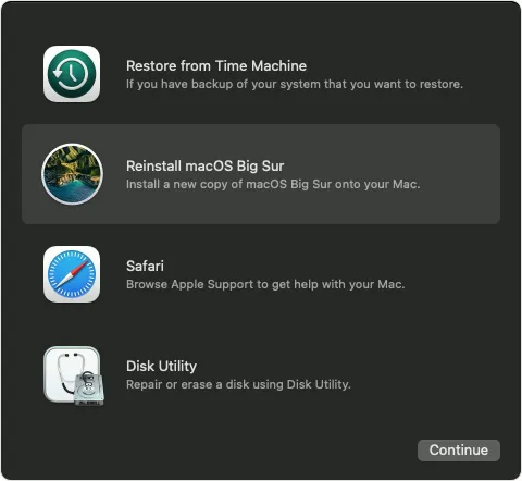 alt: Giao diện chế độ khôi phục macOS trên máy Mac