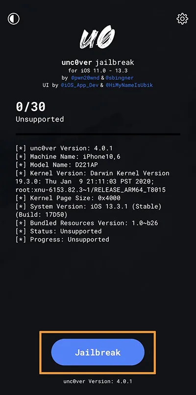   Giao diện ứng dụng unc0ver, nhấn nút Jailbreak để bắt đầu