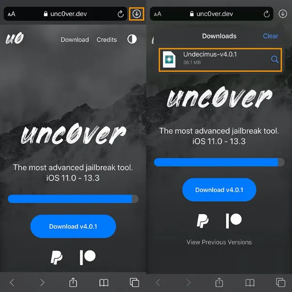   Mở file IPA của unc0ver vừa tải về trong Safari
