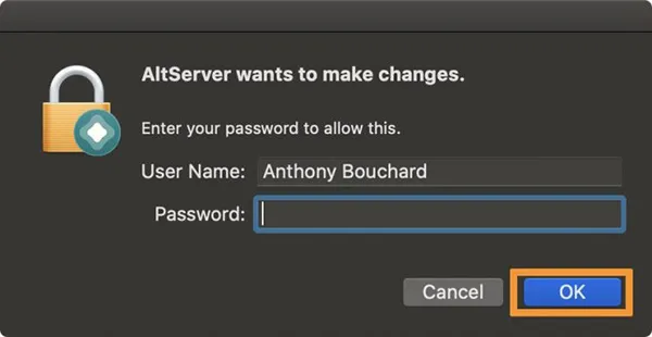   Nhập mật khẩu quản trị để cho phép AltStore thực hiện thay đổi