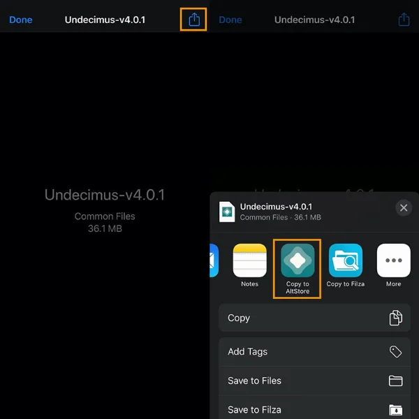  Sử dụng tính năng chia sẻ để sao chép file unc0ver IPA đến AltStore