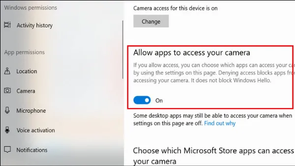 alt text: Hướng dẫn bật Allow apps to access your camera