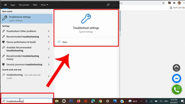 alt text: Mở Troubleshoot settings từ menu Start