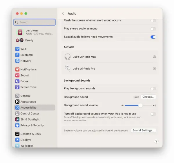   Cài đặt tính năng Âm thanh nền trong mục Accessibility của System Settings trên macOS Ventura