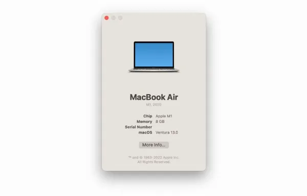 alt tiếng Việt: Giao diện About This Mac mới trên macOS Ventura hiển thị thông tin cơ bản về máy Mac