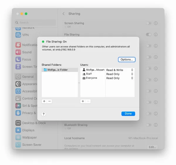   Giao diện tùy chỉnh các cài đặt chia sẻ file trên macOS Ventura