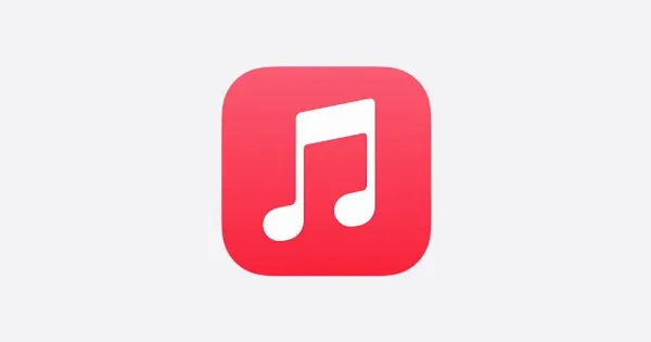 Cách xóa máy Mac chạy chip M1 1   Logo ứng dụng Apple Music màu trắng trên nền đỏ, biểu tượng cho việc cần hủy liên kết các ứng dụng có bản quyền trước khi xóa máy Mac.