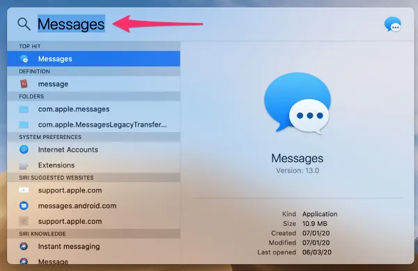   Tìm kiếm Messages trong Spotlight