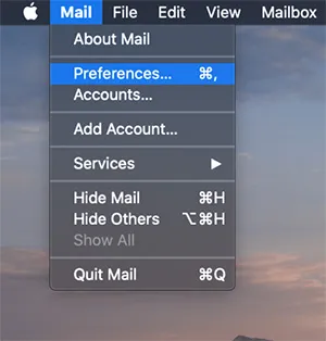   Truy cập phần tùy chọn (Preferences) trong ứng dụng Mail