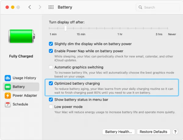 alt: Tùy chọn bật tính năng sạc pin được tối ưu hóa trên macbook