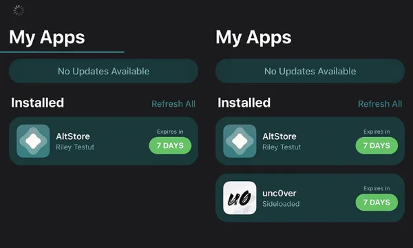   Ứng dụng unc0ver đã được cài đặt thành công thông qua AltStore