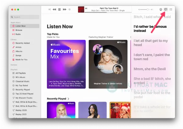   Xem lời bài hát trong thanh bên của ứng dụng Music trên Mac