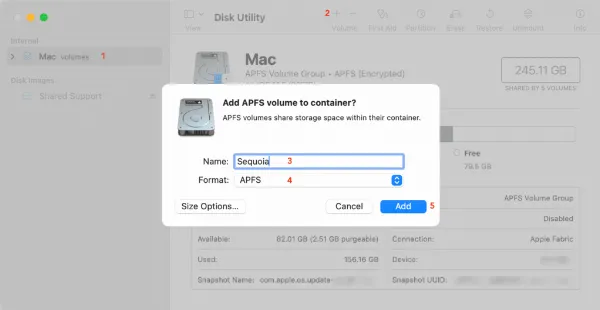 Cách cài macOS 15 Sequoia trên phân vùng khác của máy Mac 1 alt_1: Giao diện Disk Utility trên macOS, hiển thị các bước tạo phân vùng mới cho macOS Sequoia