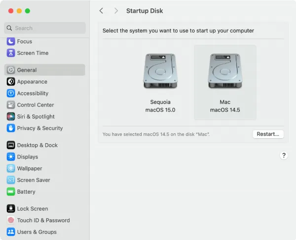 Cách cài macOS 15 Sequoia trên phân vùng khác của máy Mac 11 alt_11: Giao diện chọn ổ đĩa khởi động mặc định trong System Settings