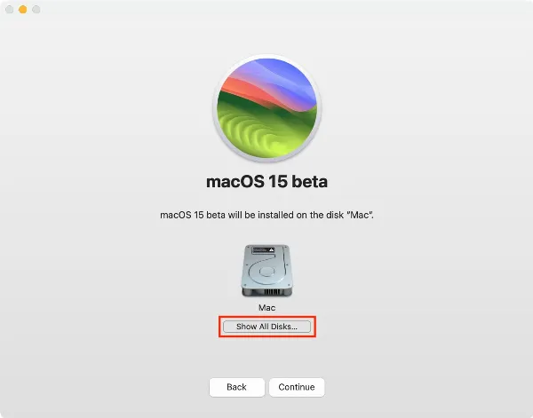 Cách cài macOS 15 Sequoia trên phân vùng khác của máy Mac 4 alt_4: Danh sách các ổ đĩa khả dụng để cài đặt macOS Sequoia