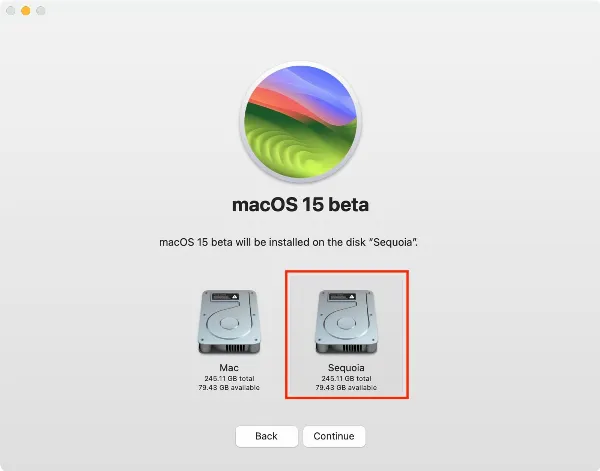 Cách cài macOS 15 Sequoia trên phân vùng khác của máy Mac 5 alt_5: Chọn phân vùng Sequoia để cài đặt