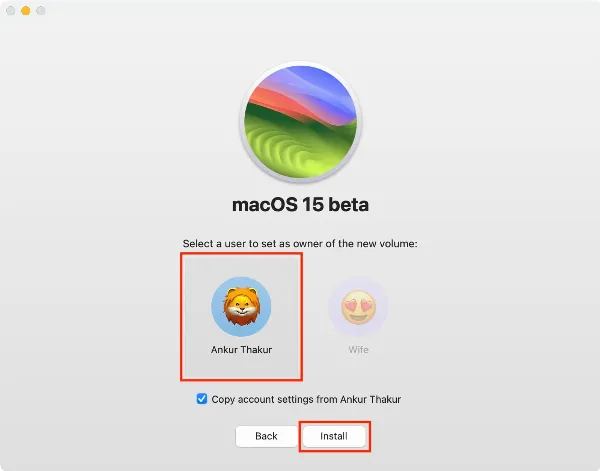 Cách cài macOS 15 Sequoia trên phân vùng khác của máy Mac 6 alt_6: Chọn tài khoản người dùng để cài đặt macOS Sequoia