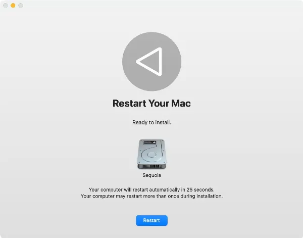 Cách cài macOS 15 Sequoia trên phân vùng khác của máy Mac 8 alt_8: Nút Restart sau khi cài đặt macOS Sequoia