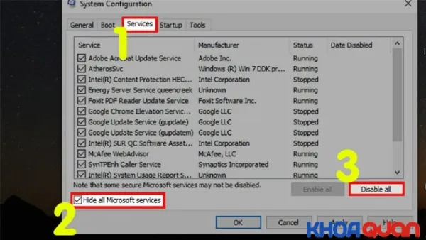 Ẩn tất cả dịch vụ Microsoft và vô hiệu hóa tất cả