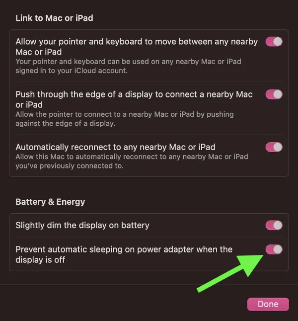 Ảnh chụp màn hình tùy chọn Ngăn chặn chế độ ngủ tự động trong cài đặt Nâng cao của Màn hình