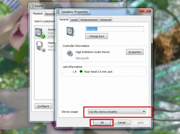 Bạn bấm chọn Use this Device (enable) rồi nhấn OK
