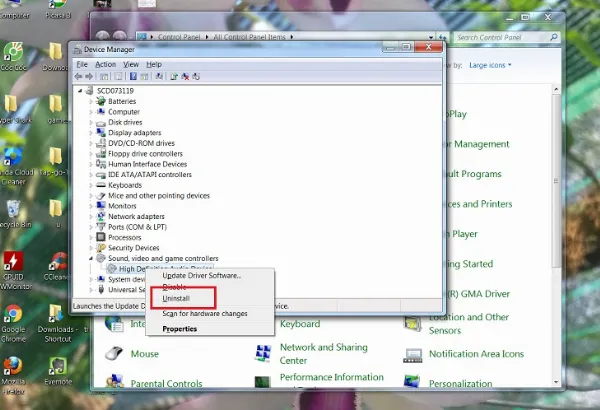Bạn nhấp chuột phải vào High Definition Audio Device chọn Uninstall
