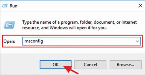 Bạn nhập lệnh msconfig trên hộp thoại Run