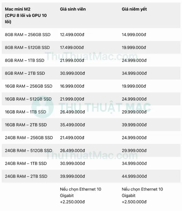 Bảng giá Mac mini M2 8-core CPU, 10-core GPU cho sinh viên