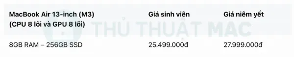 Bảng giá MacBook Air M3 13-inch 8-core CPU, 8-core GPU cho sinh viên
