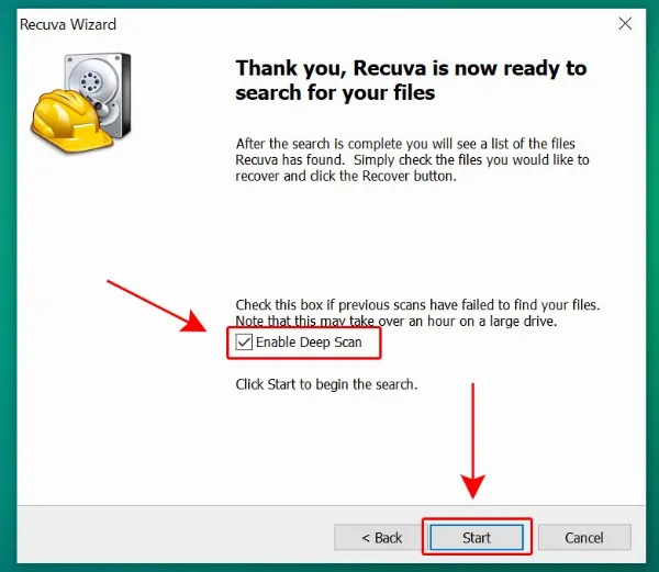 Bắt đầu quá trình quét dữ liệu với Recuva