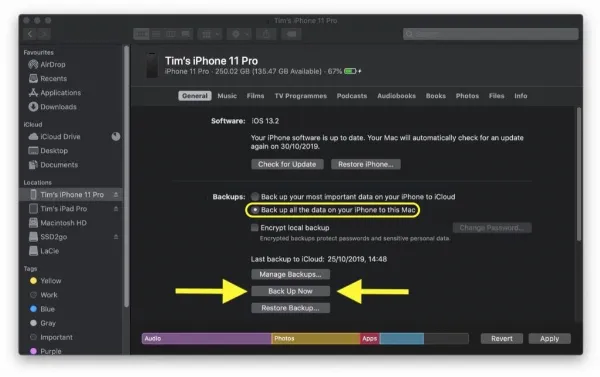 Bắt đầu sao lưu thiết bị iOS trên macOS Catalina